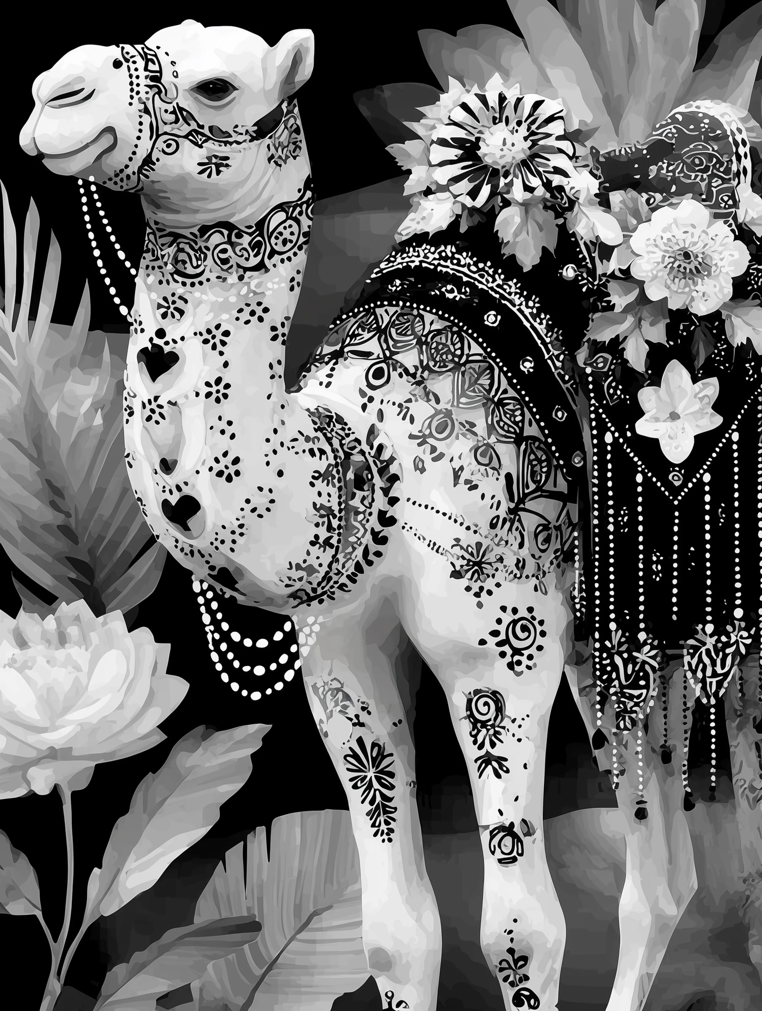 Free printable camel coloring page for adults featuring dropping beads white camel